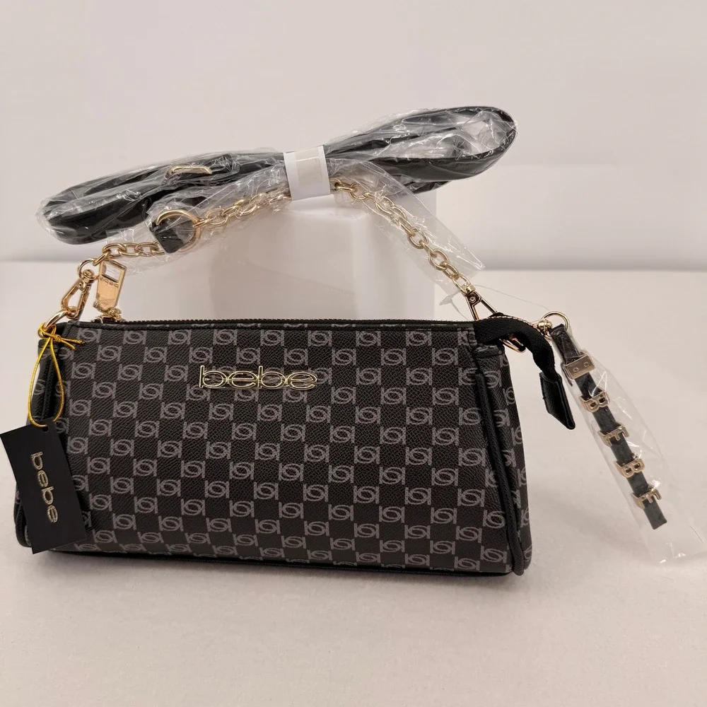 Bebe Adela Monogram Baguette Crossbody Bag Black Logo Print E02-5307PM NEW